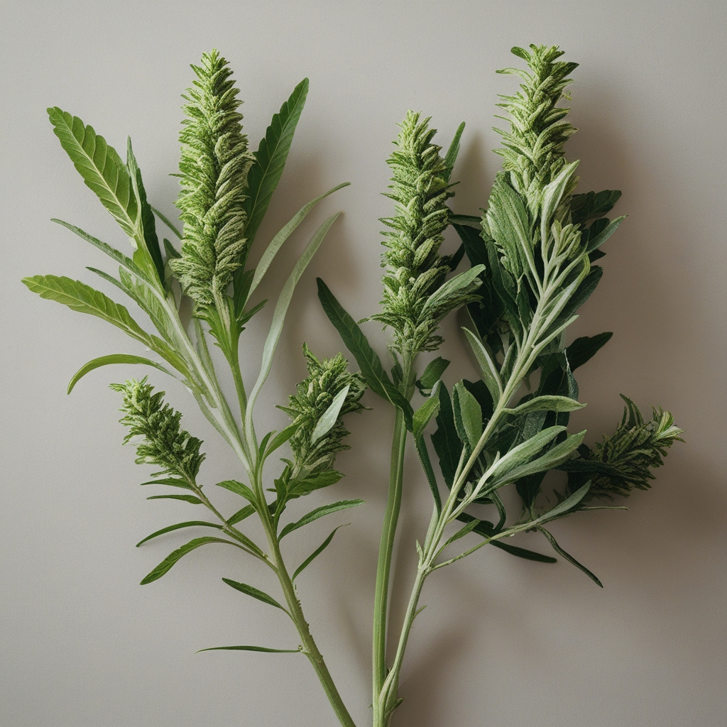 Close-up dedaunan dan akar tanaman herbal segar berwarna hijau cerah dengan tetes embun, terlihat di atas latar alami yang lembap