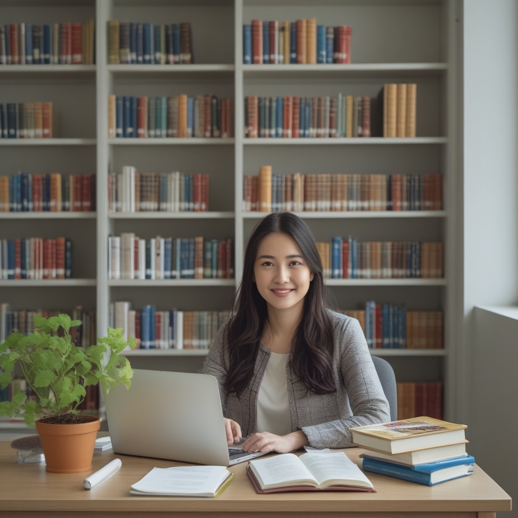 Meja perpustakaan yang tertata rapi dengan buku-buku kesehatan terbuka, laptop, tanaman kecil hijau, dan catatan penelitian, suasana akademis yang tenang