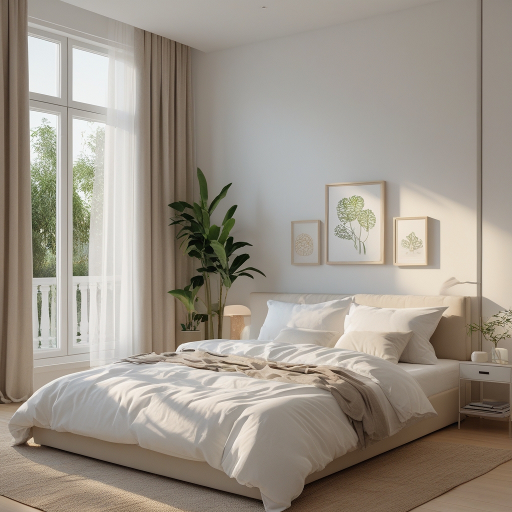 Kamar tidur minimalis modern yang bersih dengan jendela besar membiarkan cahaya alami pagi hari masuk, sprei putih rapi dan tanaman hijau kecil di sudut ruangan