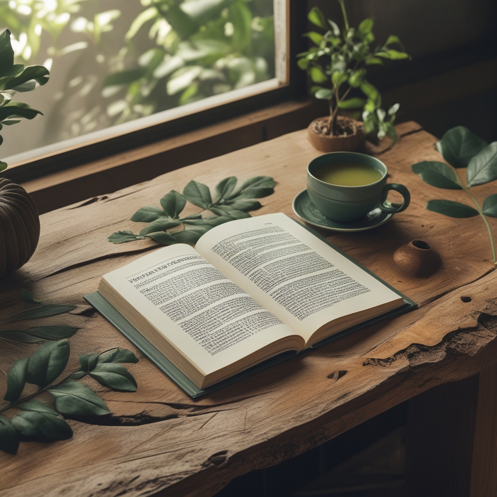 Tumpukan buku penelitian kesehatan terbuka di atas meja kayu dengan kacamata dan secangkir teh hijau di sampingnya, suasana ruang belajar yang tenang